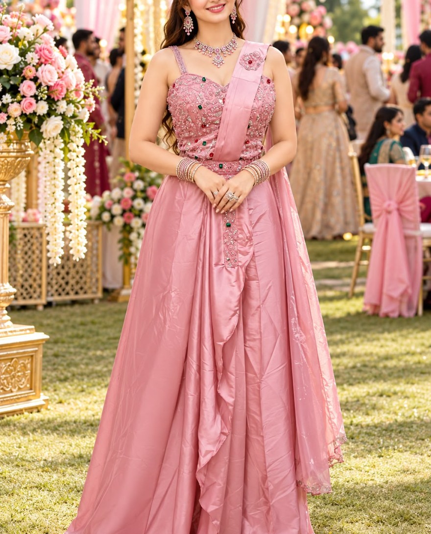 66820 - Pink Satin Contemporary Sari with Embroidered and Stone Work